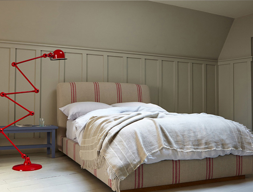 Islington double Bed in Walloon Stripe Linen Red
